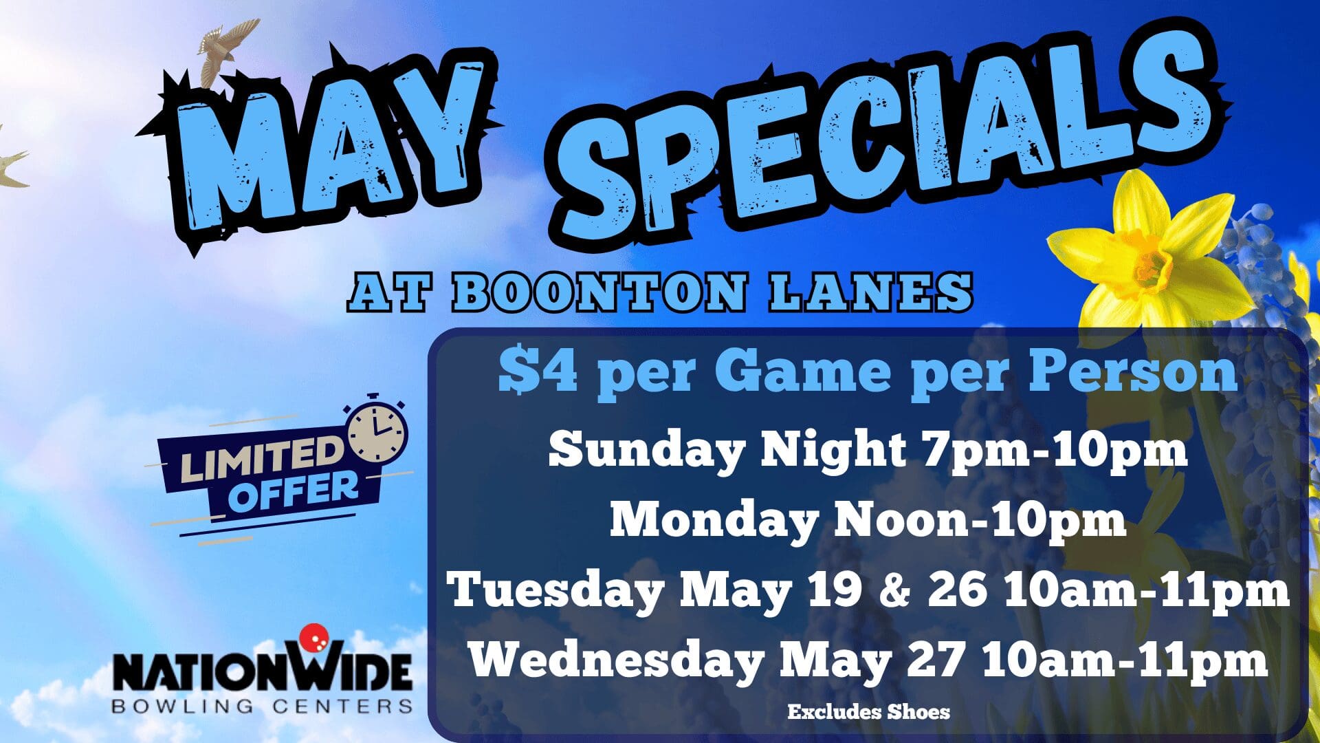 May specials bowling $4 per game advertisement