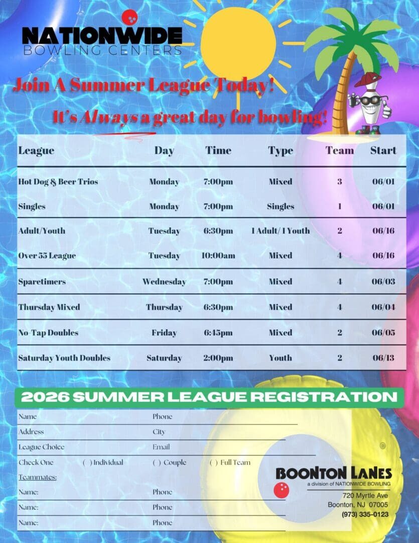 Summer bowling league registration flyer
