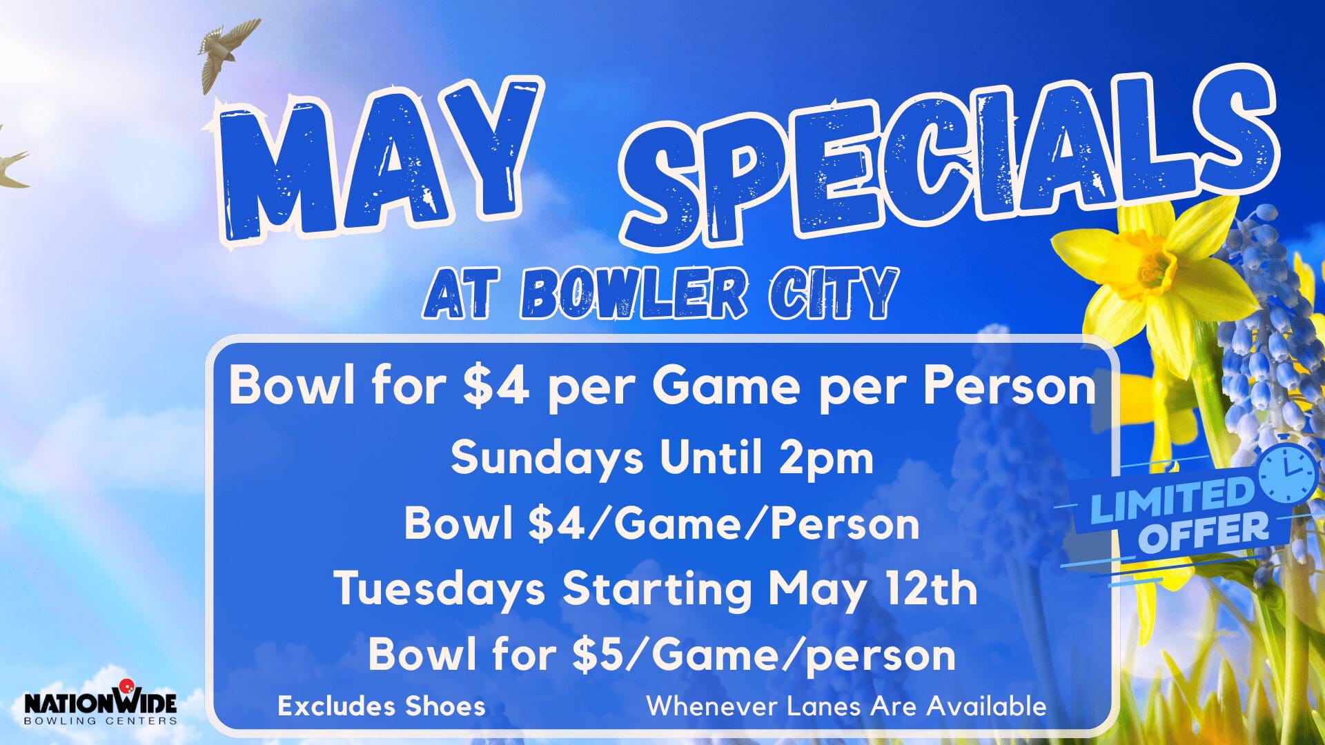 May specials bowling promotion with spring flowers