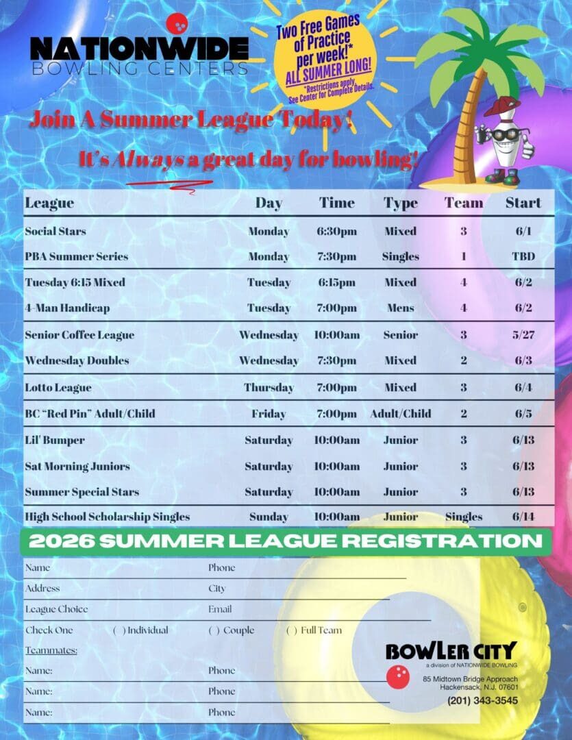 Summer bowling league registration flyer with pool theme
