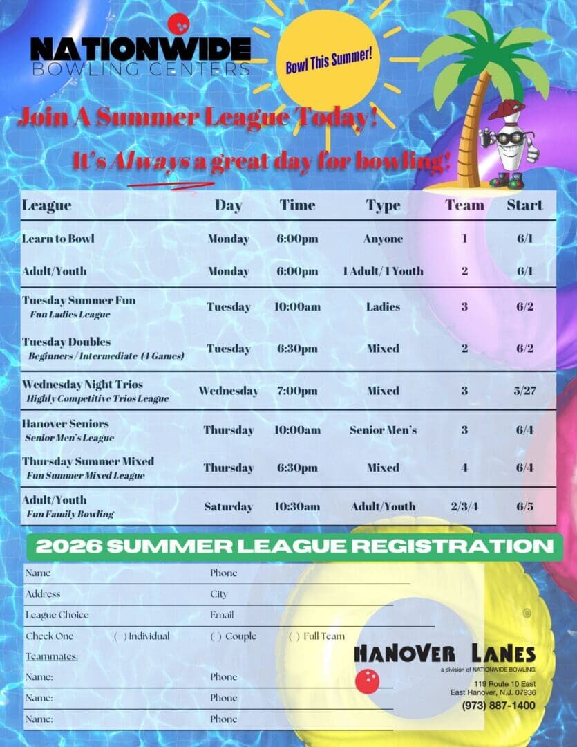 Summer bowling league registration poster with pool