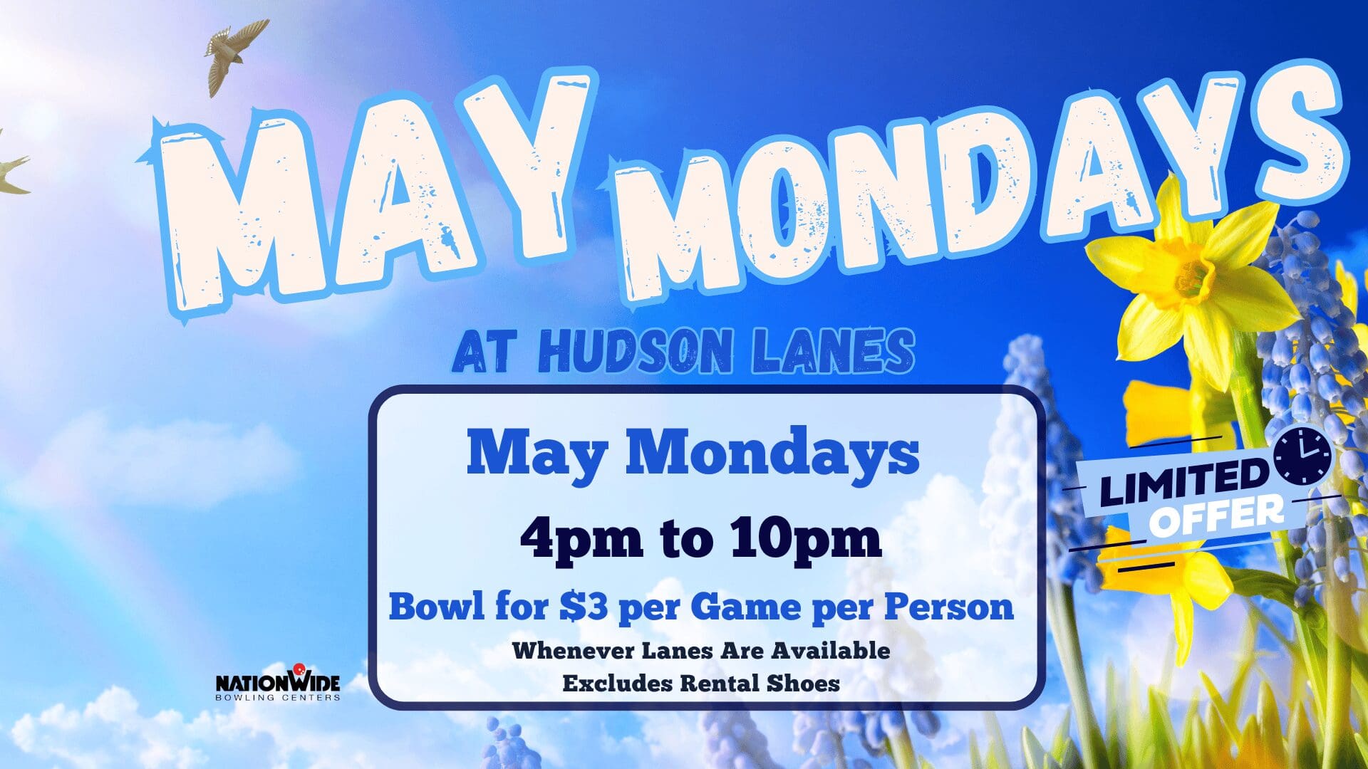May Mondays bowling promotion poster with flowers