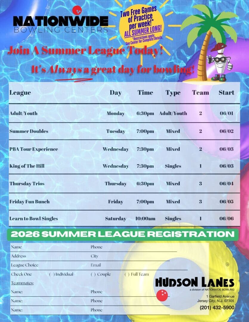 Hudson Lanes 2026 summer league flyer