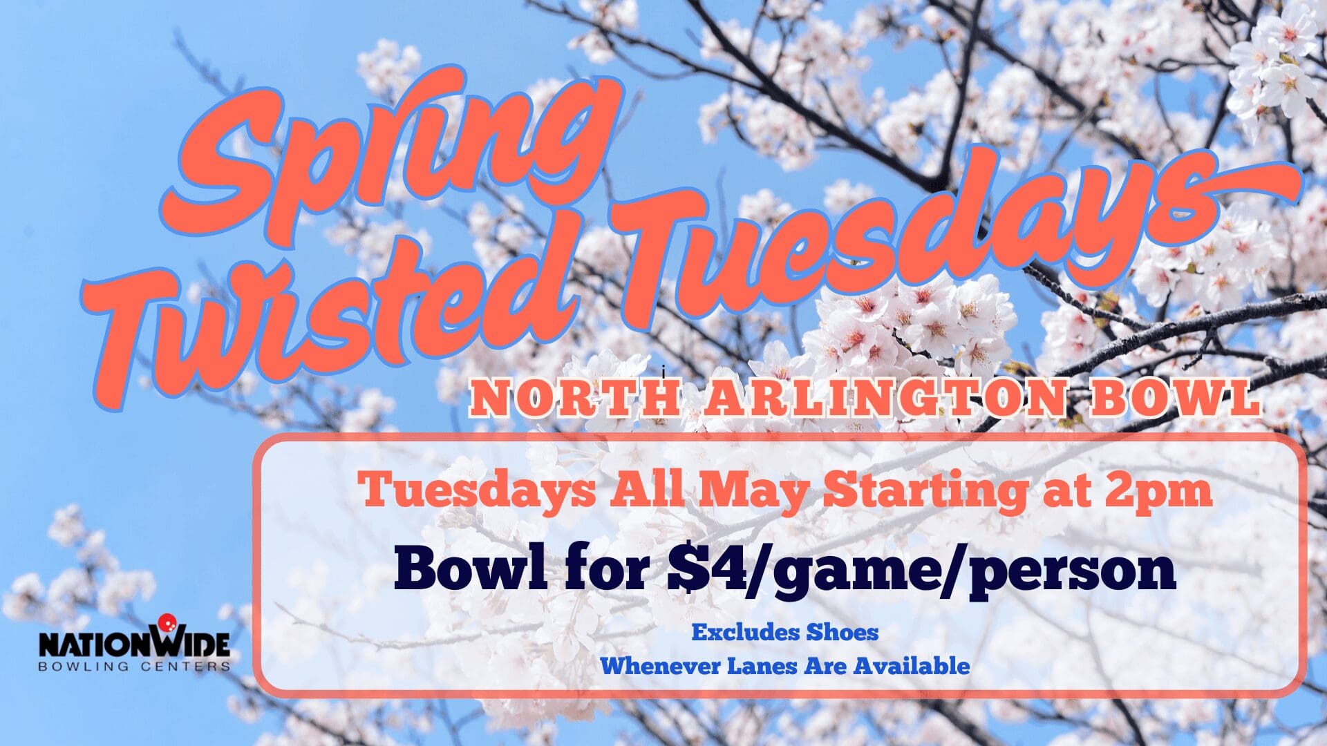 Cherry blossoms with bowling promotion text