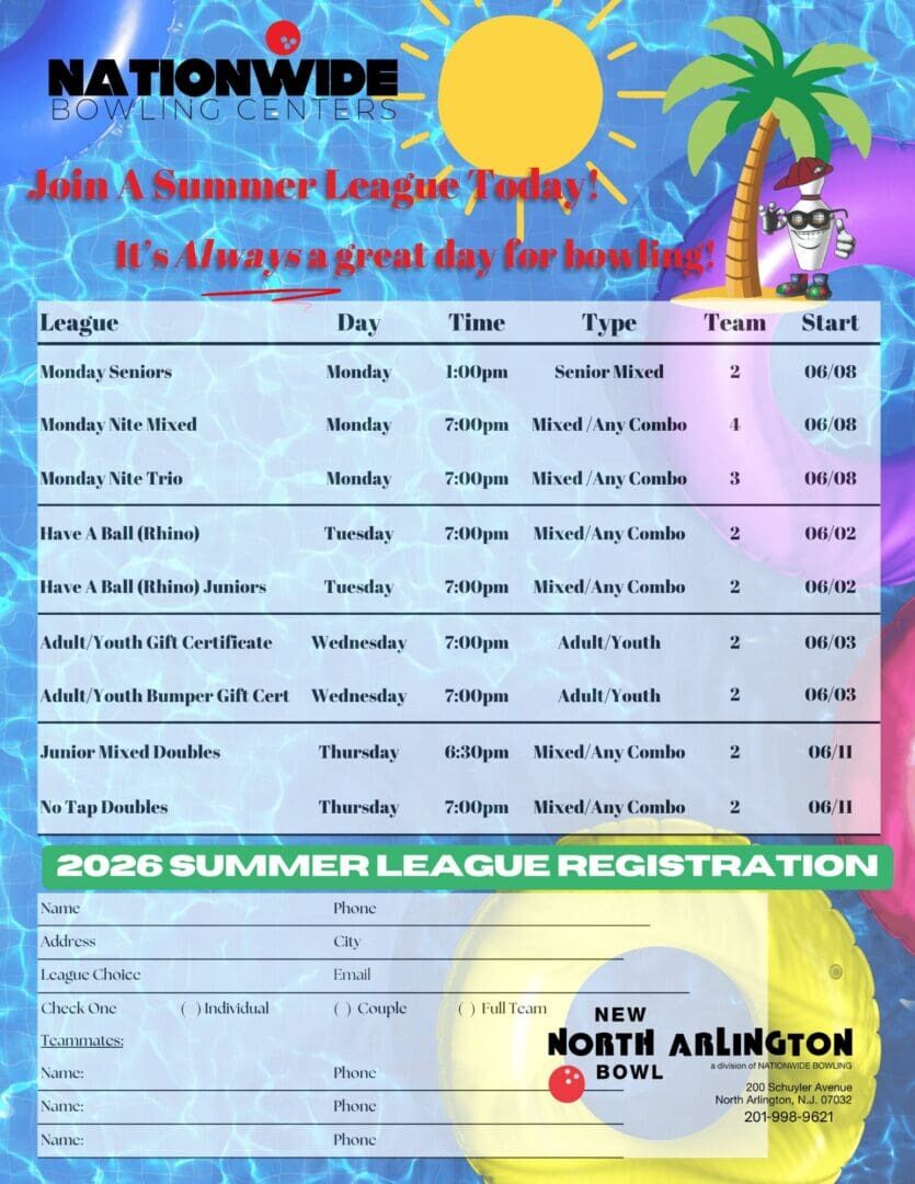 Colorful summer bowling league registration pool flyer